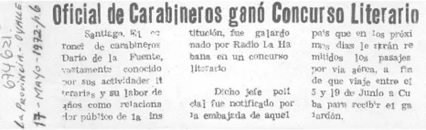 Oficial de carabineros ganó concurso literario.  [artículo]