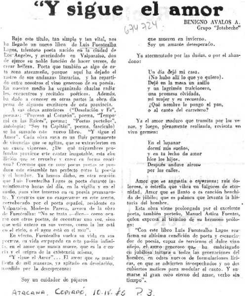 Y sigue el amor  [artículo] Benigno Avalos A.