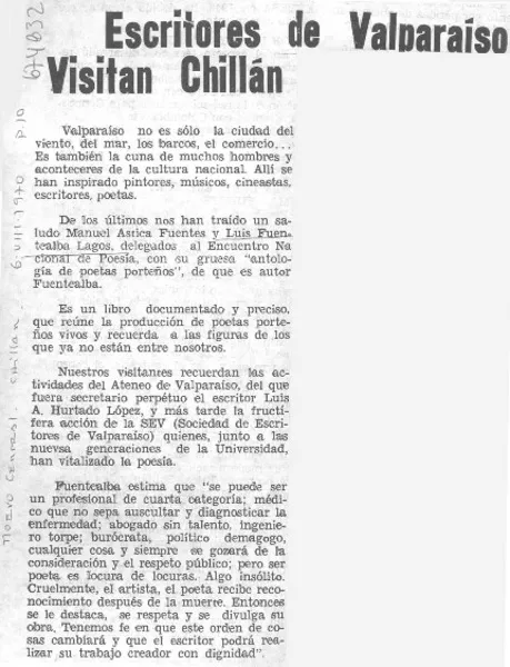 Escritores de Valparaiso visitan Chillan.  [artículo]