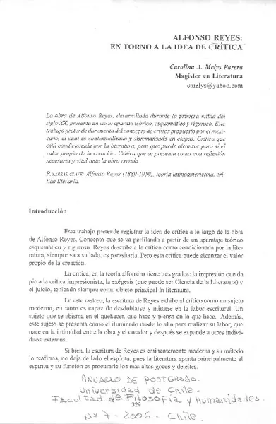 Alfonso Reyes: en torno a la idea de crítica  [artículo]Carolina A., Melys Parera.