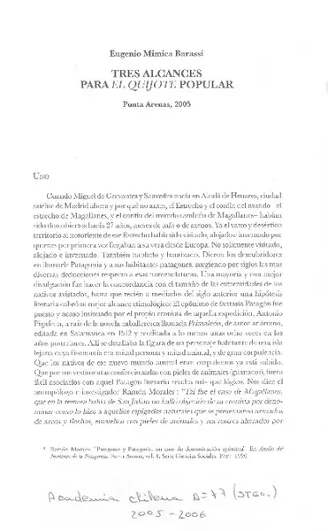 Tres alcances para El Quijote popular  [artículo]Eugenio Mimica Barasi.