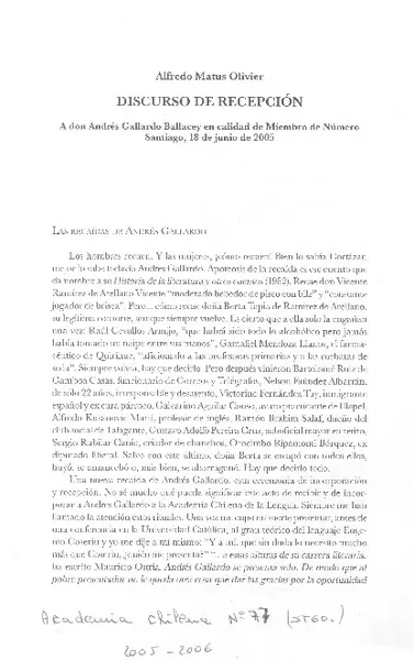 Discurso de recepción  [artículo]Alfredo Matus O.