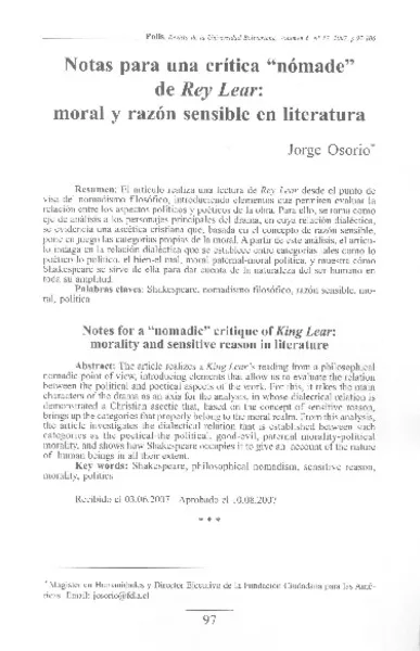 Notas para una crítica "nómade" de Rey Lear: moral y razón sensible en literatura  [artículo] Jorge Osorio.