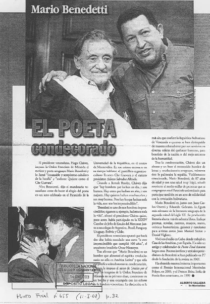 El poeta condecorado  [artículo] Alberto Salazar.