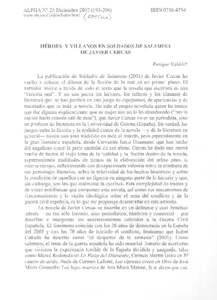 Héroes y villanos en Soldados de Salamina de Javier Cercas  [artículo] Enrique Valdés.