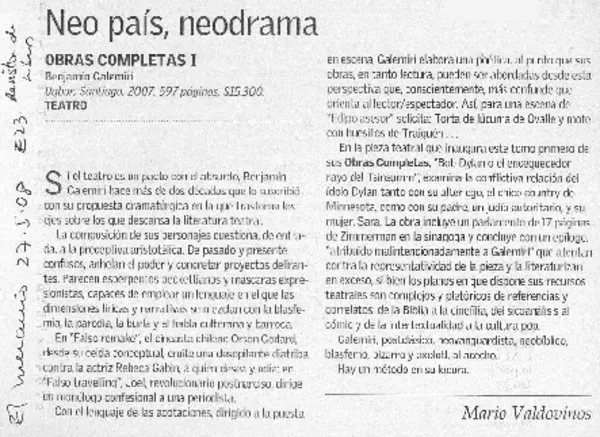 Neo país, neodrama  [artículo] Mario Valdovinos.