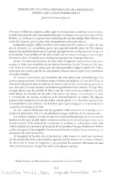 Esbozo de una vida. Historia de una disciplina (Homenaje a Hans Niemeyer F.)  [artículo] Javiera Carmona Jiménez.