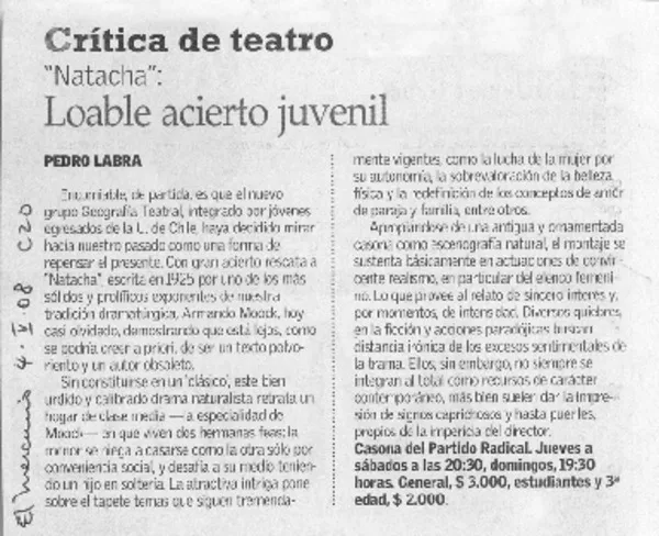 Loable acierto juvenil  [artículo] Pedro Labra.