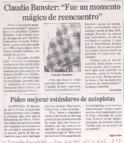 Claudio Bunster: "Fue un momento mágico de reencuentro"  [artículo].