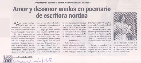 Amor y desamor unidos en poemario de escritora nortina  [artículo].