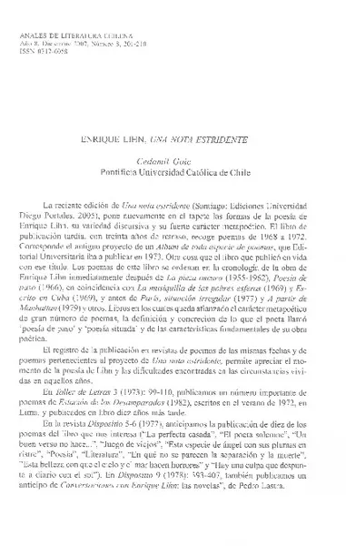 Enrique Lihn, una nota estridente  [artículo] Cedomil Goic.