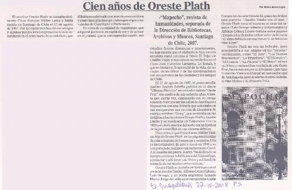 Cien años de Oreste Plath  [artículo]Marino Muñoz Lagos.