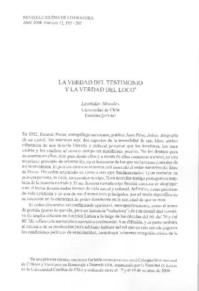 La verdad del testimonio y la verdad del loco  [artículo] Leonidas Morales.