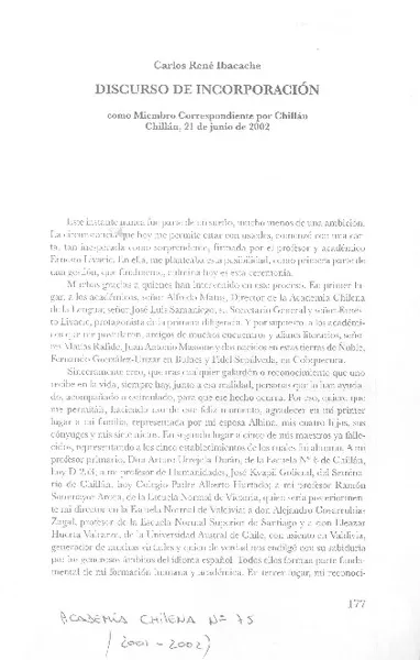Discurso de incorporación  [artículo] Carlos René Ibacache.