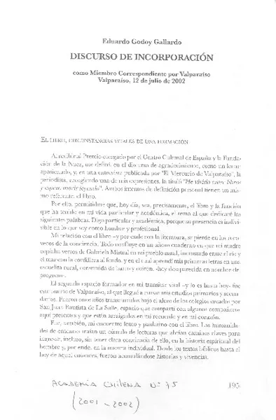 Discurso de incorporación  [artículo] Eduardo Godoy Gallardo.