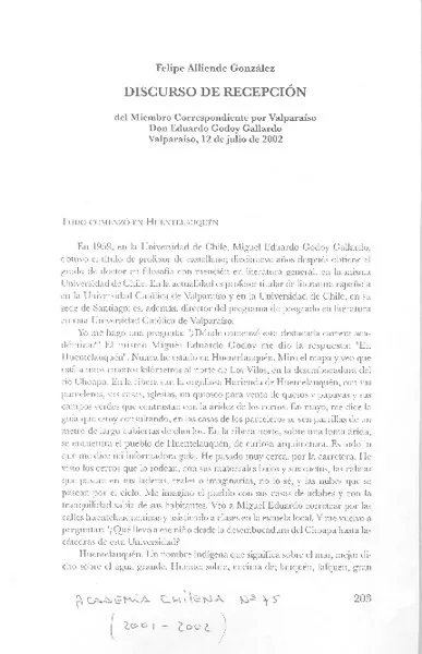 Discurso de recepción  [artículo] Felipe Alliende González.