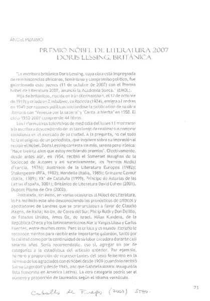 Premio Nobel de Literatura 2007 Doris Lessing, británica  [artículo] : Angel Pizarro.