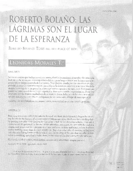 Roberto Bolaño: las lágrimas son el lugar de la esperanza  [artículo] Leonidas Morales T.