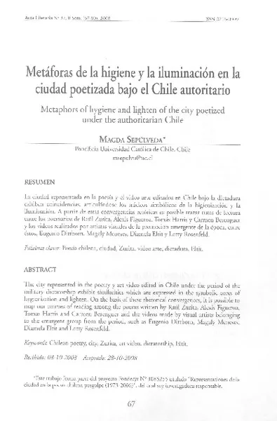 Metáforas de la higiene y la iluminación en la ciudad poetizada bajo el Chile autoritario  [artículo] Magda Sepúlveda