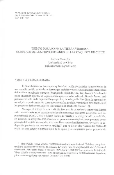 Tiempo dorado en la tierra vidriosa: El relato de los primeros años de la Conquista de Chile  [artículo] Sarissa Carneiro.