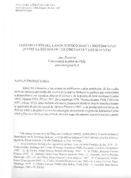 Construcción del canon poético masculinofemenino (entre la década de los cincuenta y los setenta)  [artículo] / Ana Traverso.