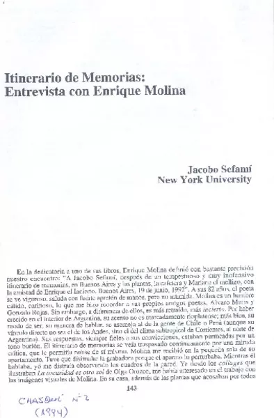 Itinerario de Memoria: entrevista con Enrique Molina  [artículo] Jacobo Sefamí.