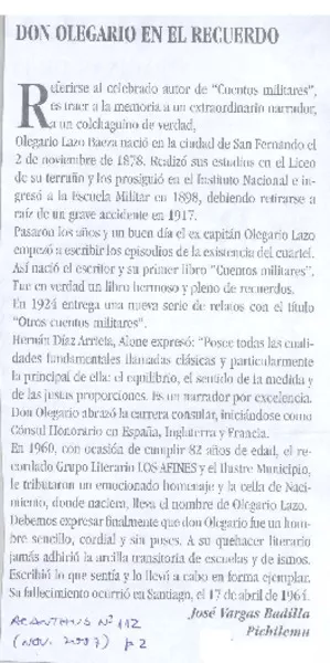 Don Olegario en el recuerdo  [artículo] José Vargas Badilla.