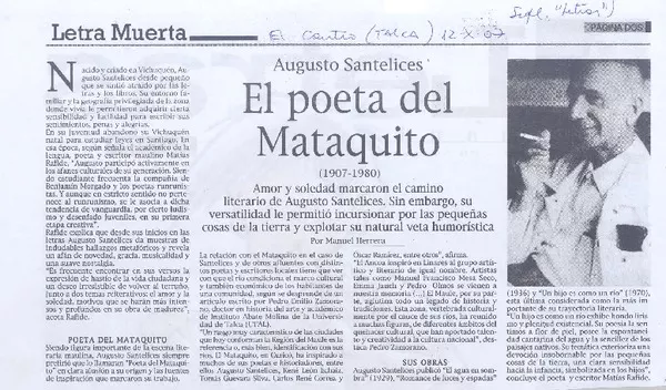Augusto Santelices. El poeta del Mataquito  [artículo] Manuel Herrera.