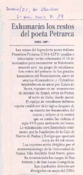 Exumarán los restos del poeta Petrarca  [artículo]
