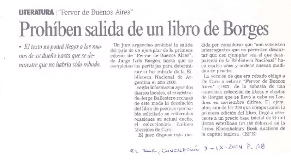 Prohíben salida de un libro de Borges  [artículo]
