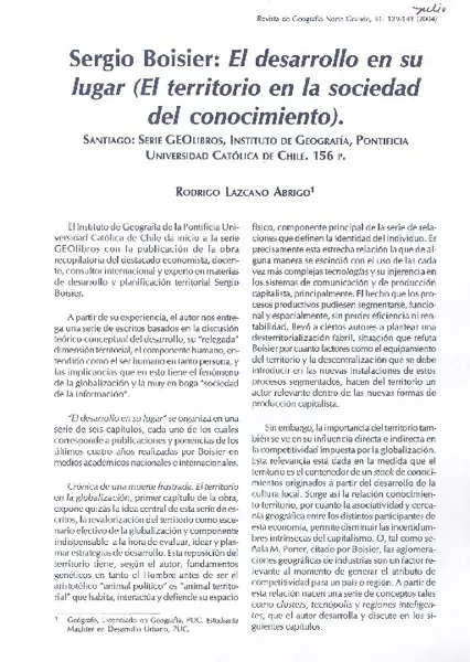 Sergio Boisier: El desarrollo en su lugar (El territorio en la sociedad del conocimiento)  [artículo] Rodrigo Lazcano Abrigo.