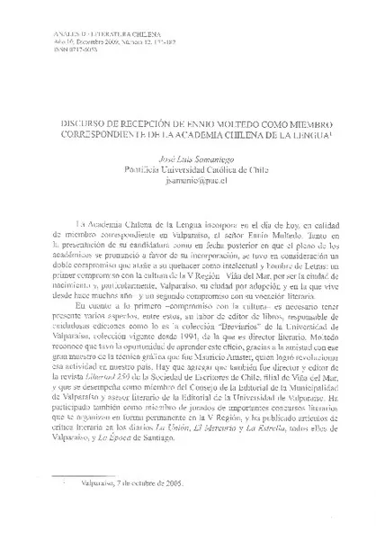 discurso de recepción de Ennio Moltedo como miembro correspondiente de la Academia Chilena de la Lengua  [artículo] José Luis Samaniego.
