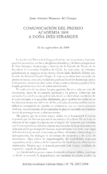 Comunicación del Premio Academia 2008 a doña Inés Stranger  [artículo] Juan Antonio Massone del Campo.
