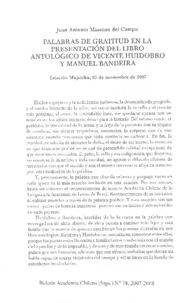 Palabras de gratitud en la presentación del libro antológico de Vicente Huidobro y Manuel Bandeira  [artículo] Juan Antonio Massone del Campo.
