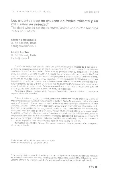 Los muertos que no mueren en Pedro Páramo y Cien años de soledad  [artículo] Stefano Brugnolo <y> Laura Luche.