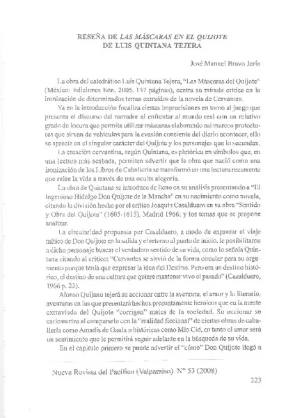 Reseña de Las máscaras en el Quijote de Luis Quintana Tejera  [artículo] José Manuel Bravo Jeria.