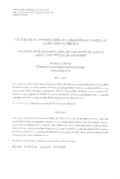 Lectura de El desierto (2005) de Carlos Franz, novela de la dictadura chilena  [artículo] Rodrigo Cánovas.