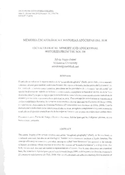 Memoria escatológica e historias apócrifas del sur  [artículo] Silvia Nagy-Zekmi.