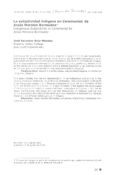 La subjetividad indígena en Ceremonial, de Jesún Morales Bermúdez  [artículo] José Salvador Ruiz Méndez.