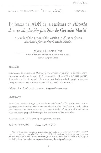 En busca del ADN de la escritura en Historia de una absolución familiar de Germán Marín  [artículo] Mariela Fuentes Leal.