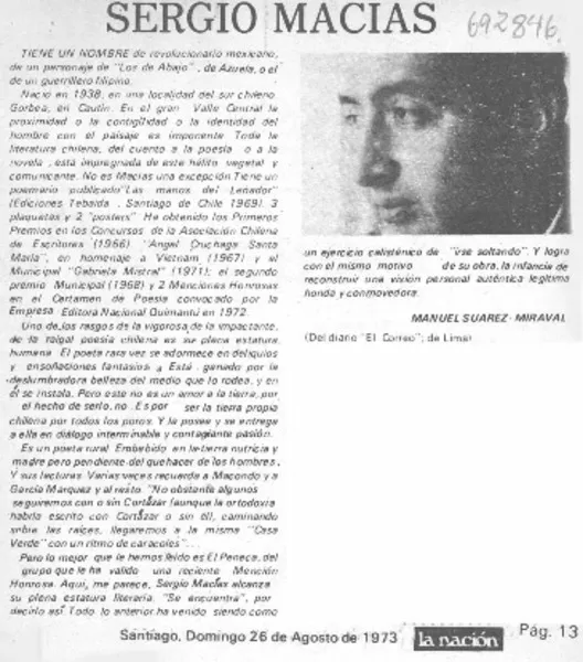 Sergio Macías  [artículo] Manuel Suárez Miraval.