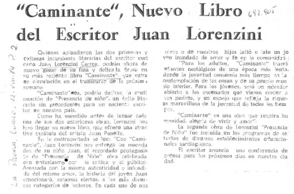 "Caminante", nuevo libro del escritor Juan Lorenzini.  [artículo]