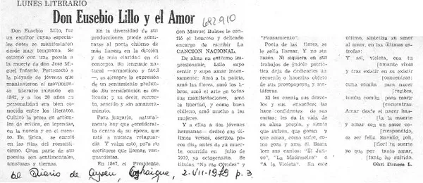 Don Eusebio Lillo y el amor  [artículo] Ohri Donoso L.