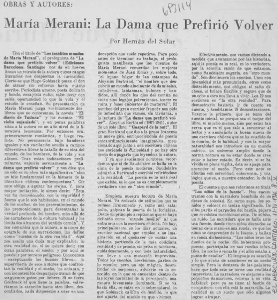 María Merani: La dama que prefirió volver  [artículo] Hernán del Solar.