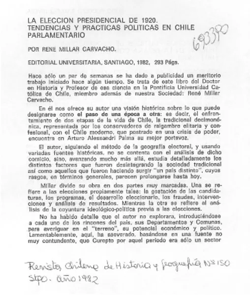 La elección presidencial de 1920  [artículo] Hugo Rodolfo Ramírez Rivera.