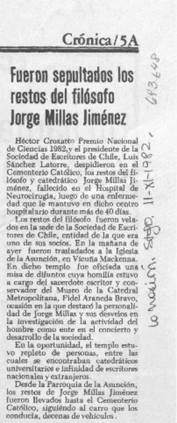 Fueron sepultados los restos del filósofo Jorge Millas Jiménez.  [artículo]