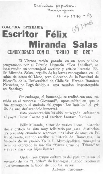 Escritor Félix Miranda Salas, condecorado con el "Grillo de oro"  [artículo] Antonio Cárdenas.