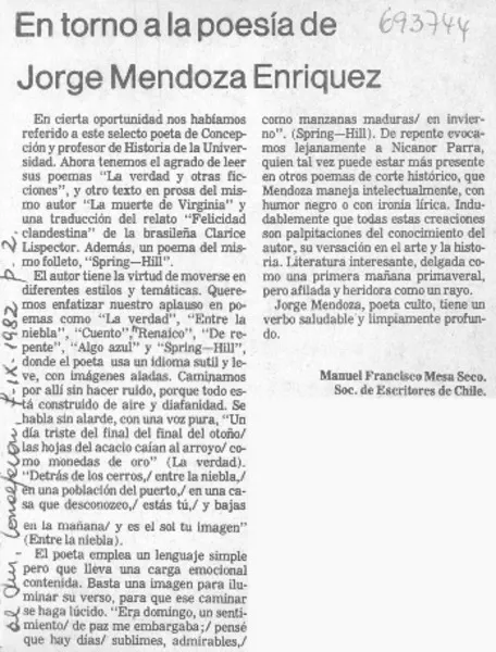 En torno a la poesía de Jorge Mendoza Enríquez  [artículo] Manuel Francisco Mesa Seco.