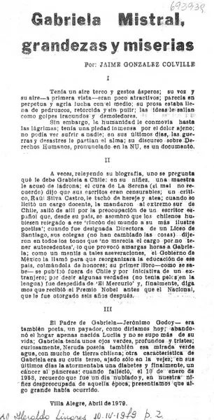 Gabriela Mistral, grandezas y miserias  [artículo] Jaime González Colville.