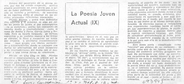 La poesía joven actual (IX)  [artículo] Carlos M.